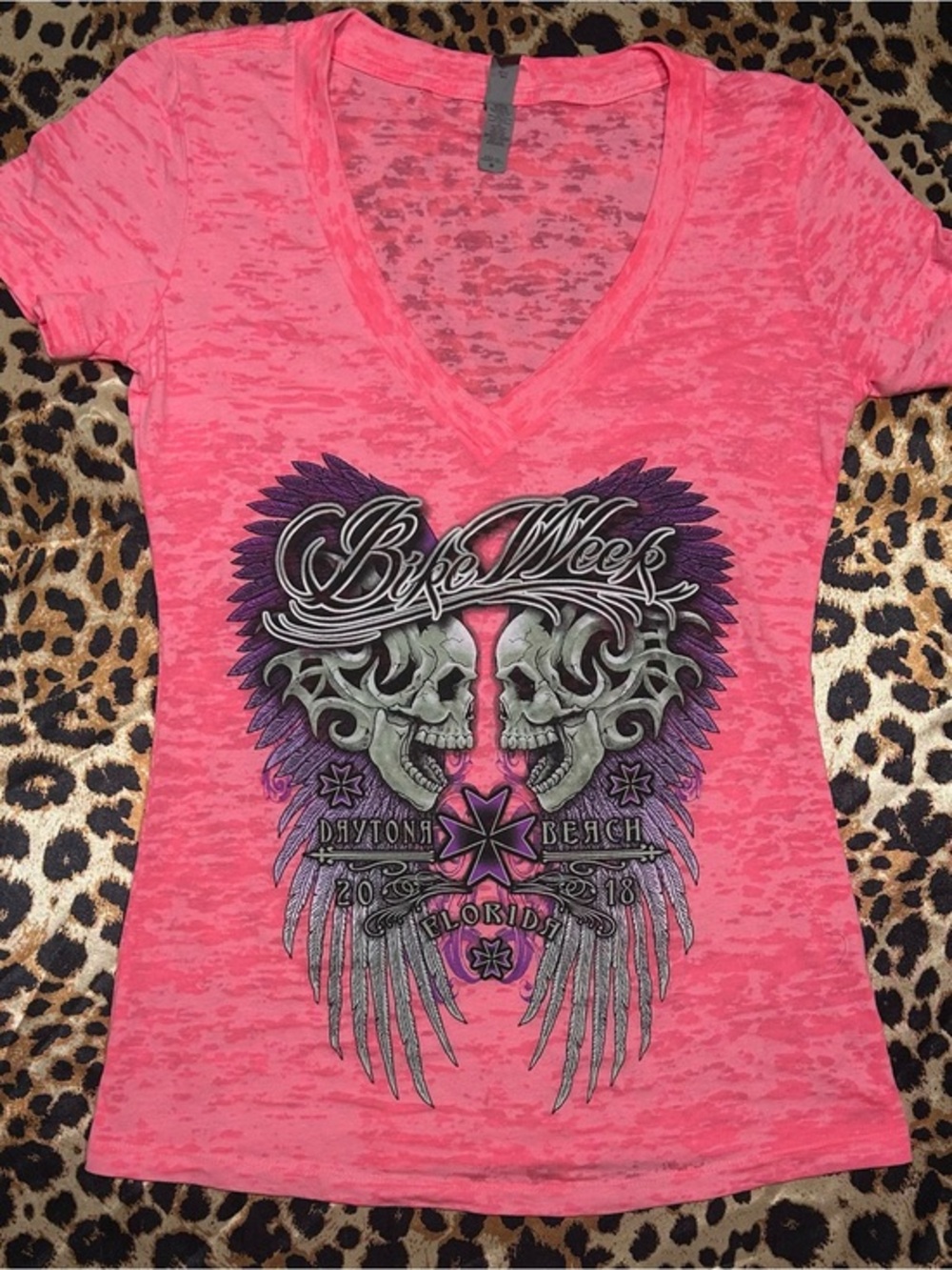 Daytona Beach Bike Week 2018 Pink Burnout V-Neck Tee